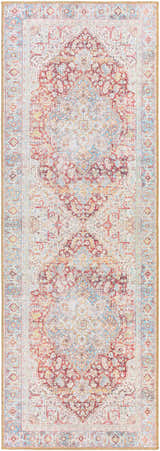 Close-up of the Cream Rust Leeston Washable Rug, featuring a traditional oriental design with brick red, cream, and light blue colors. Design-Runner-2773