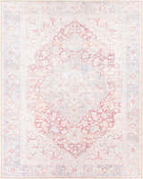 Close-up of the Cream Rust Leeston Washable Rug, featuring a traditional, vintage-inspired design with brick red and light blue accents. Design-Rectangle-7696
