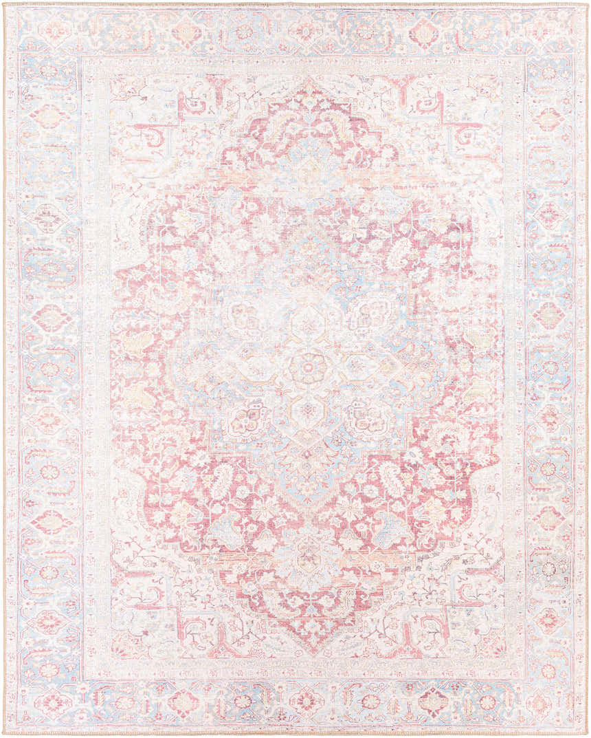 Close-up of the Cream Rust Leeston Washable Rug, featuring a traditional, vintage-inspired design with brick red and light blue accents. Design-Rectangle-7696
