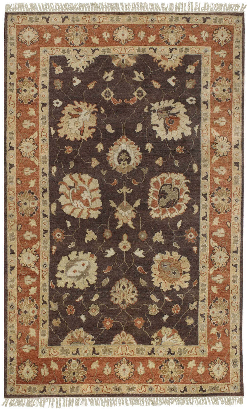Close-up of the Lenapah Area Rug. Hand-knotted wool rug in beige, bone, charcoal, and brown with a traditional floral pattern. Design-Rectangle-58