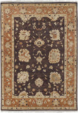 Close-up of the Lenapah Area Rug. Hand-knotted wool rug with beige, brown, and charcoal floral pattern. Traditional style. Design-Rectangle-811