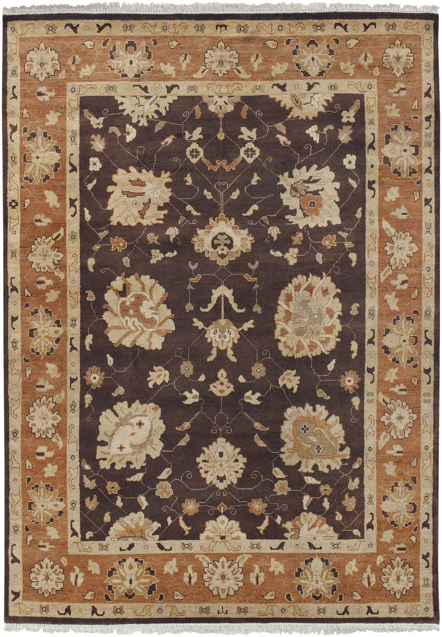 Close-up of the Lenapah Area Rug. Hand-knotted wool rug with beige, brown, and charcoal floral pattern. Traditional style. Design-Rectangle-811