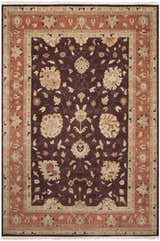 Close-up of the Lenapah Area Rug. Hand-knotted wool rug with floral pattern in beige, bone, charcoal, and brown. Traditional style. Design-Rectangle-913