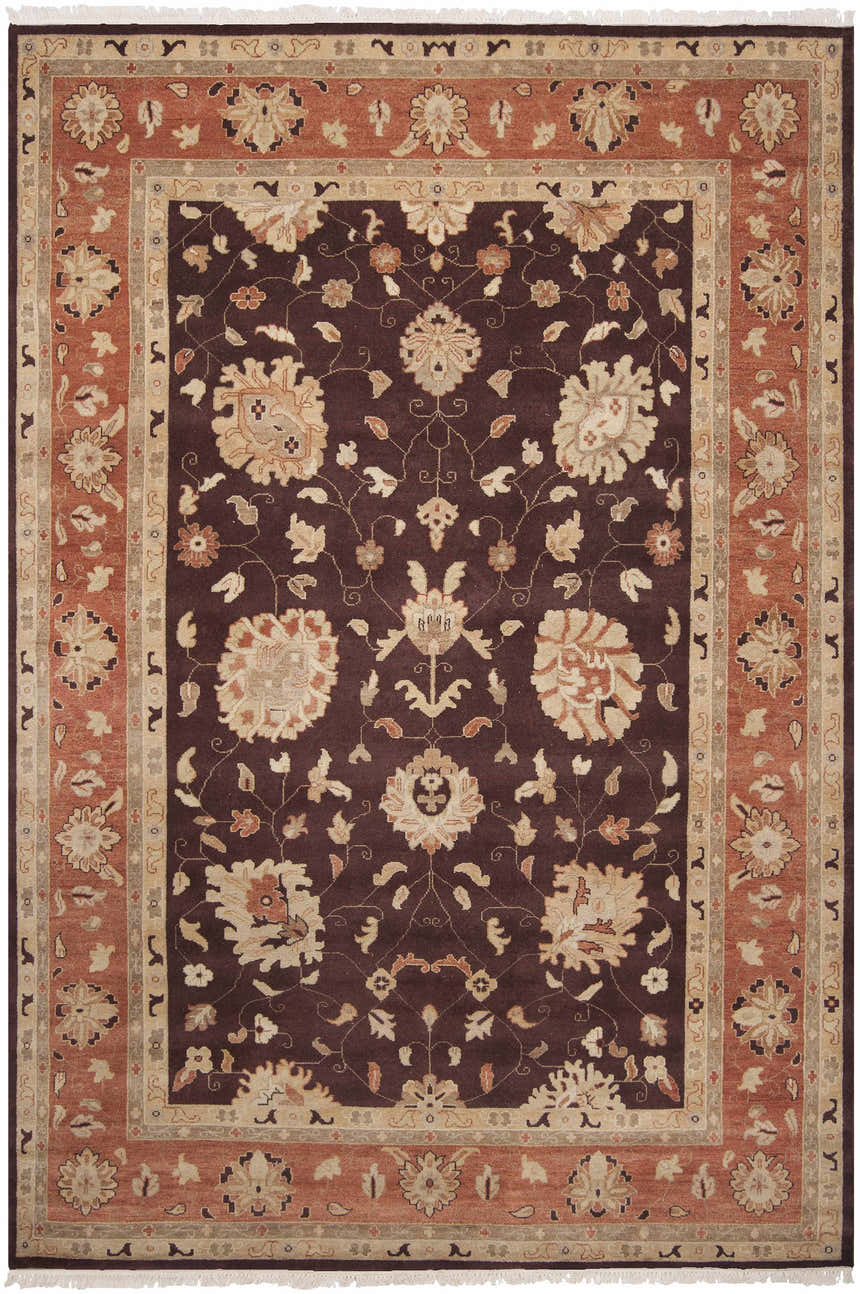 Close-up of the Lenapah Area Rug. Hand-knotted wool rug with floral pattern in beige, bone, charcoal, and brown. Traditional style. Design-Rectangle-913