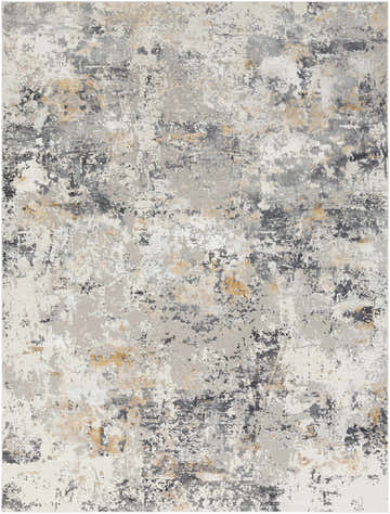Close-up of the Lenzburg Faux Silk Abstract Rug; charcoal, gray, light gray, and mustard abstract pattern. Design-Rectangle-710103