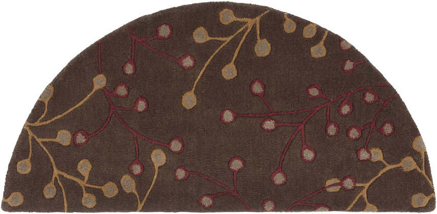 Close-up of the Brown Elsu Area Rug. Brown wool rug with burgundy and tan floral design. Hand-tufted. Design-Hearth