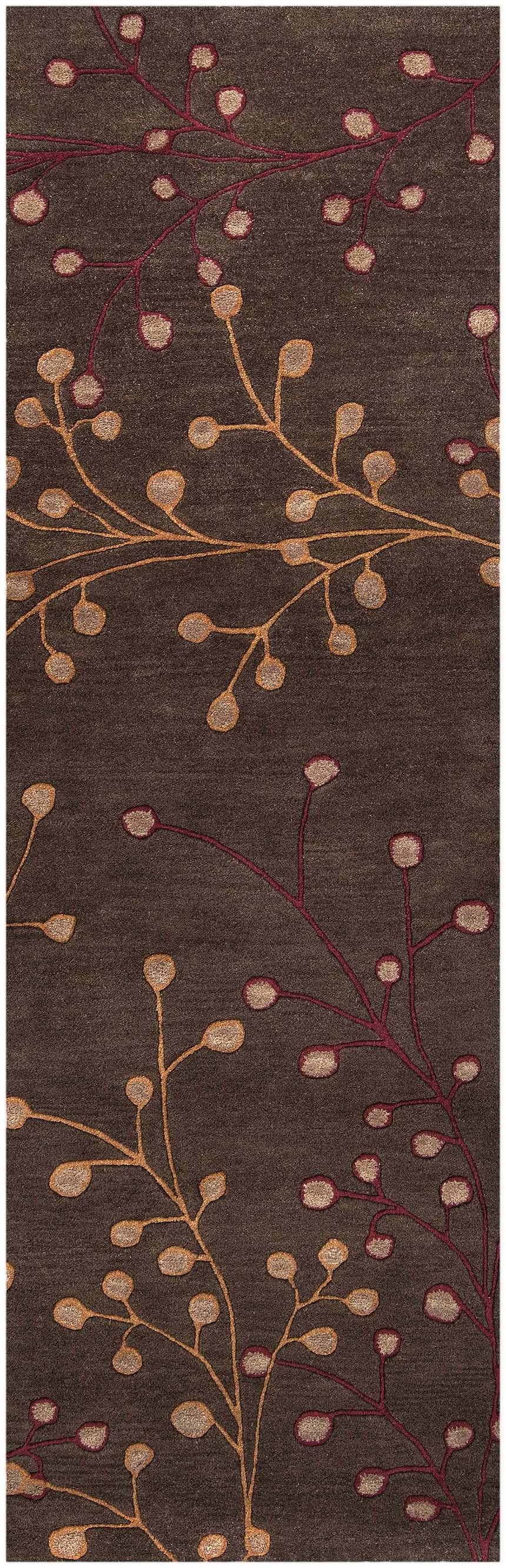 Close-up of the Brown Elsu Area Rug with a floral pattern in burgundy and gold on a dark brown wool background. Design-Runner-268