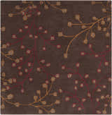Close-up of the Brown Elsu Area Rug, a wool rug with a floral pattern in brown, burgundy, and gold. Design-Square-4