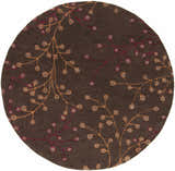 Round Brown Elsu Area Rug with a floral pattern. The rug features burgundy and tan botanical accents on a dark brown wool background. Design-Round-6