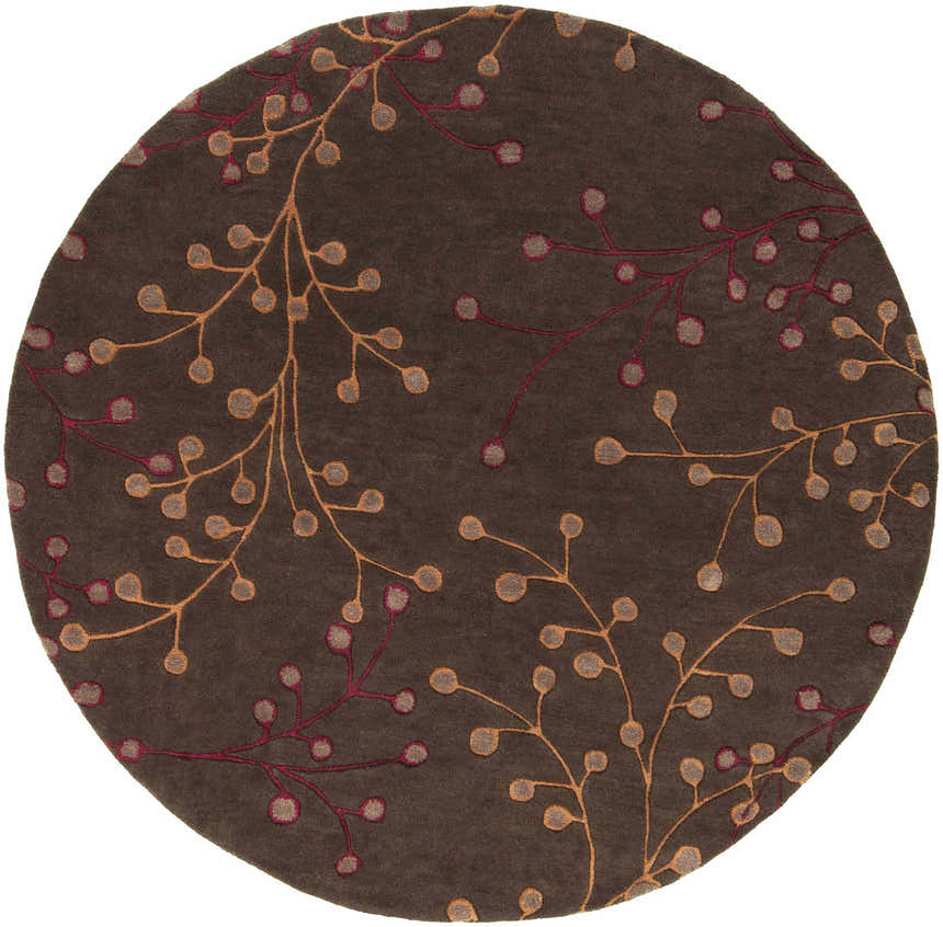 Round Brown Elsu Area Rug with a floral pattern. The rug features burgundy and tan botanical accents on a dark brown wool background. Design-Round-6