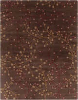 Close-up of the Brown Elsu Area Rug. Brown wool rug with burgundy and gold floral vine pattern. Hand-tufted texture. Design-Rectangle-7696