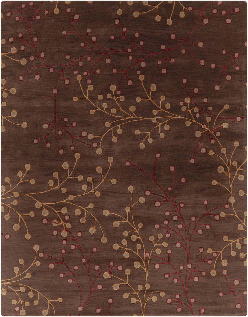 Close-up of the Brown Elsu Area Rug. Brown wool rug with burgundy and gold floral vine pattern. Hand-tufted texture. Design-Rectangle-7696