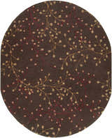 Close-up of the Brown Elsu Area Rug with a brown background and gold and burgundy floral pattern. Design-Oval-810