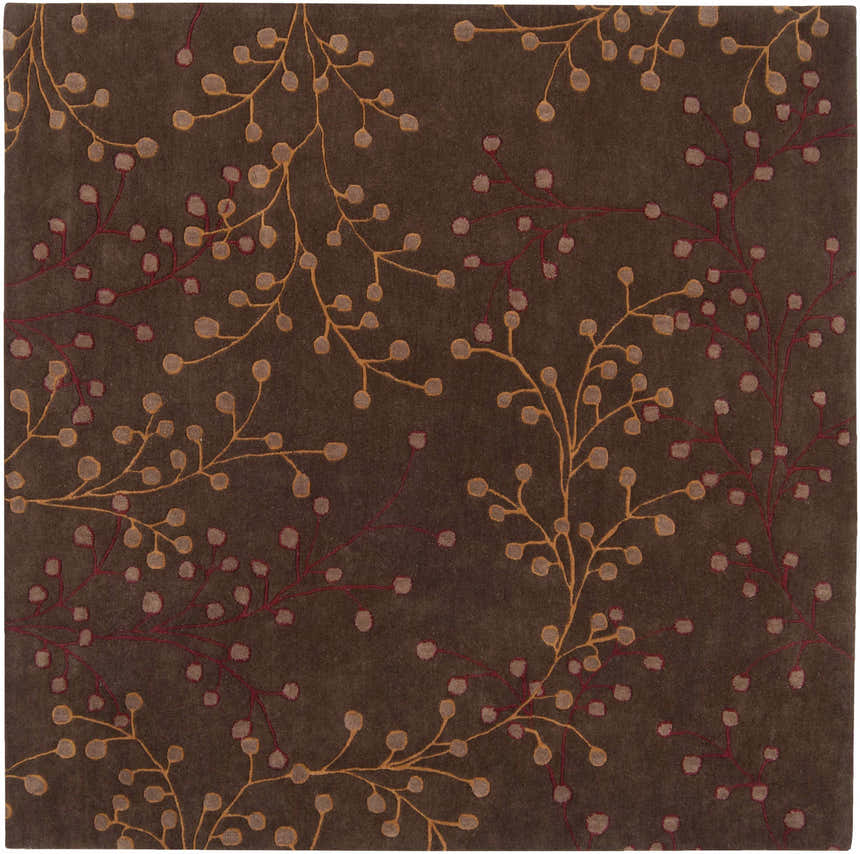 Brown Elsu Area Rug with floral design. Wool rug with brown, burgundy, and gold branch pattern. Design-Square-8