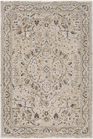 Close-up of the Laughlin Thick Luxe Boutique Rug. Beige rug with traditional floral and border pattern in taupe, gray, and olive. Design-Rectangle-6796