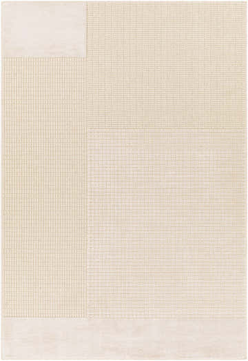 Close-up of the Lice Area Rug, a contemporary rug with a grid-like pattern in neutral cream tones. Machine woven texture. Design-Rectangle-5373