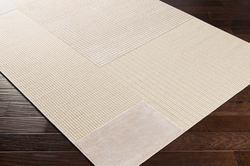 Close-up of the Lice Area Rug showing a textured, geometric design in neutral tones on dark wood flooring. Corner