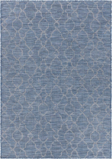 Close-up of the Lidlington Flatweave Area Carpet in blue. Features a contemporary geometric pattern and flat texture. Design-Rectangle-537