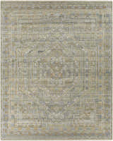 Close-up of the hand-knotted Ligao Area Rug. Bohemian style rug with charcoal, light gray, tan, and wheat geometric pattern. Design-Rectangle-810