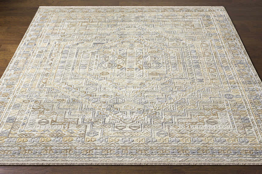 Close-up of the Ligao Area Rug, a hand-knotted rug in charcoal, light gray, tan, and wheat with a traditional geometric pattern. Front