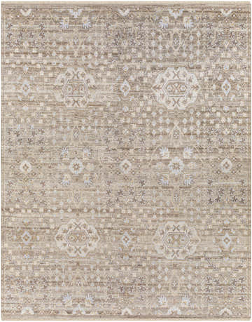 Close-up of the hand-knotted Limbalod Area Rug. Brown, charcoal, ice blue, light beige, and taupe bohemian design. Design-Rectangle-810