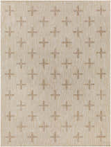 Close-up of the Limbo Beige Outdoor Area Rug. Features a geometric plus sign pattern in cream, tan, and brown hues. Design-Rectangle-537