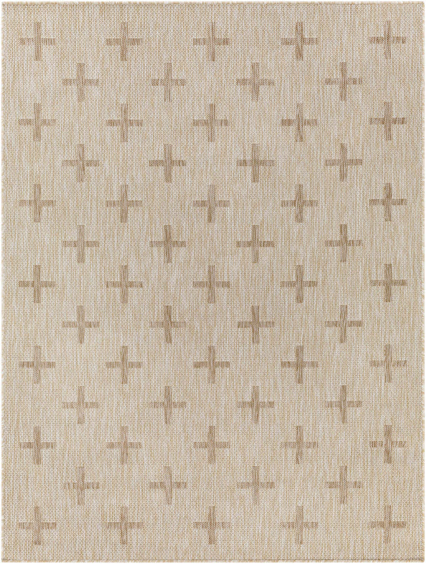 Close-up of the Limbo Beige Outdoor Area Rug. Features a geometric plus sign pattern in cream, tan, and brown hues. Design-Rectangle-537