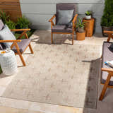 Outdoor patio scene with Limbo Beige Area Rug, wooden chairs, side tables, and plants. Neutral color palette. Roomscene-Rectangle