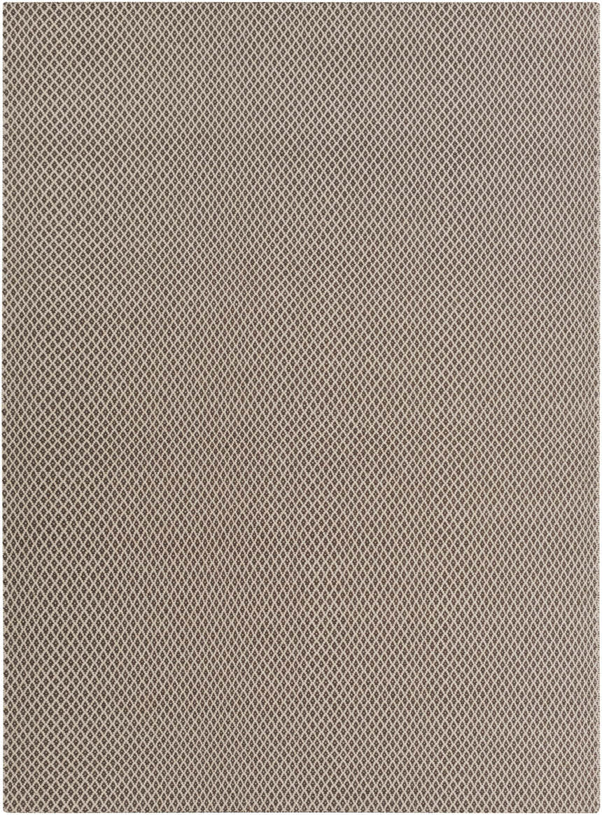 Close-up of Lingo Brown Trellis Flatweave Rug's dark brown and oatmeal diamond pattern. Hand-woven wool texture. Design-Rectangle-811