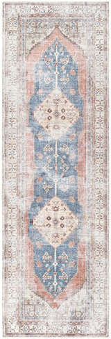 Close-up of the Lake Area Rug, a runner with a traditional blue, coral, and tan oriental pattern. Design-Runner-27710