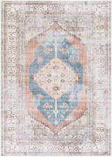 Close-up of the Lake Area Rug - Clearance. Bohemian style rug in light gray, blue, coral, and tan with an oriental-inspired design. Design-Rectangle-5373
