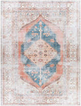 Close-up of the Lake Area Rug - Clearance. Features a traditional, distressed design in coral, blue, and tan hues. Design-Rectangle-710102