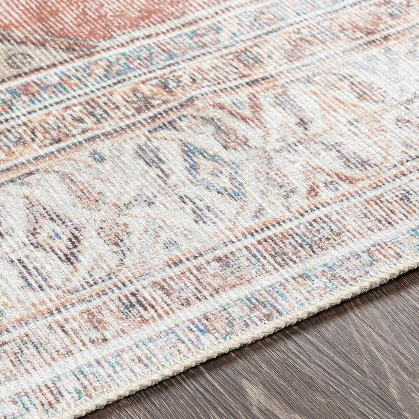 Close-up of the cotton Lake Area Rug. Features a traditional design in brown, coral, and light gray tones. Texture