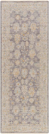 Close-up of the Coby Brown Avant Garde rug. Features traditional oriental patterns in brown, charcoal, and dusty sage. Design-Runner-2773