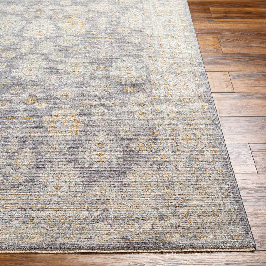Close-up of the Coby Brown Avant Garde rug showing its traditional pattern, brown, gray, and gold colors, and luxe texture. Front