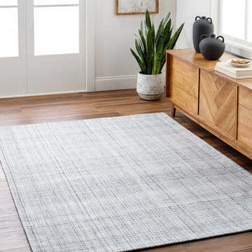 Living room scene with a light slate Lubna Area Rug, wood floors, and a mid-century modern cabinet. Roomscene-Rectangle