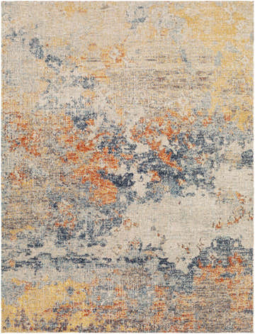 Close-up of the Landen Area Rug, a machine-woven rug with aqua, cream, orange, and navy abstract patterns. Design-Rectangle-537