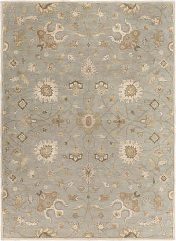 Close-up of the Logville Hand Tufted Light Olive 1121 Area Rug. Features a floral pattern in gray, ivory, and olive tones. Design-Rectangle-811