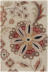 Close-up of the Longford Beige Floral Hand Tufted Wool Carpet, showing its texture and burgundy, brown, and black floral pattern. Design-Rectangle-23