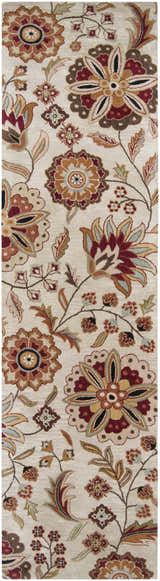 Close-up of Longford Beige Floral Hand Tufted Wool Carpet. Features burgundy, brown, and tan floral pattern on a beige background. Design-Runner-312