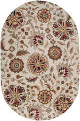 Close-up of the Longford Beige Floral Hand Tufted Wool Carpet. Oval rug with burgundy, brown, and tan floral pattern. Design-Oval-69