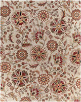 Close-up of the Longford Beige Floral Hand Tufted Wool Carpet, featuring burgundy, brown, and olive floral pattern. Design-Rectangle-7696