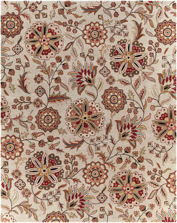 Close-up of the Longford Beige Floral Hand Tufted Wool Carpet, featuring burgundy, brown, and olive floral pattern. Design-Rectangle-7696