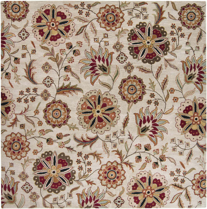Close-up of the Longford Beige Floral Hand Tufted Wool Carpet. Features burgundy, brown, and beige flower and leaf pattern. Design-Square-8