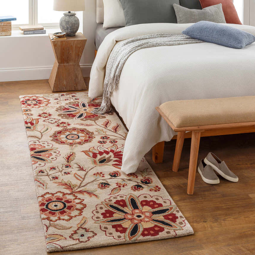 Bedroom scene with Longford Beige Floral rug, wood floors, white bedding, and neutral accents. Roomscene-Runner