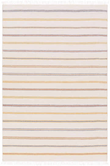 Close-up of Lorado Area Rug: hand-woven wool rug with ivory background and thin stripes of navy, orange, burgundy, and olive. Design-Rectangle-576