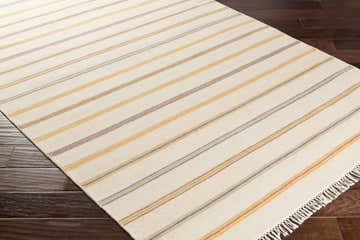 Close-up of Lorado Area Rug showing the wool texture and striped pattern in orange, navy, olive, and light gray. Corner