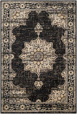 Close-up of the Lostwithiel Black Medallion Rug, a vintage-style rug with a black background and beige floral medallion pattern. Design-Rectangle-5376
