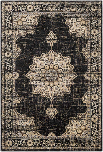 Close-up of the Lostwithiel Black Medallion Rug, a vintage-style rug with a black background and beige floral medallion pattern. Design-Rectangle-5376