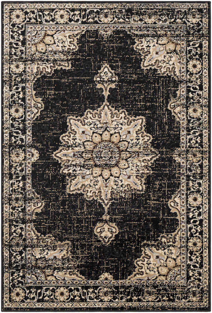 Close-up of the Lostwithiel Black Medallion Rug, a vintage-style rug with a black background and beige floral medallion pattern. Design-Rectangle-5376